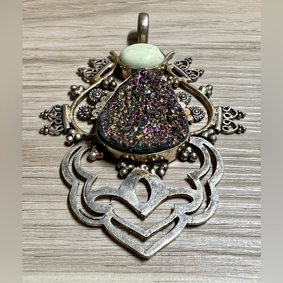 Vintage Handmade Sterling Silver Purple Irridescent & Agate 3.5" Pendant, 25.8g - Picture 1 of 10